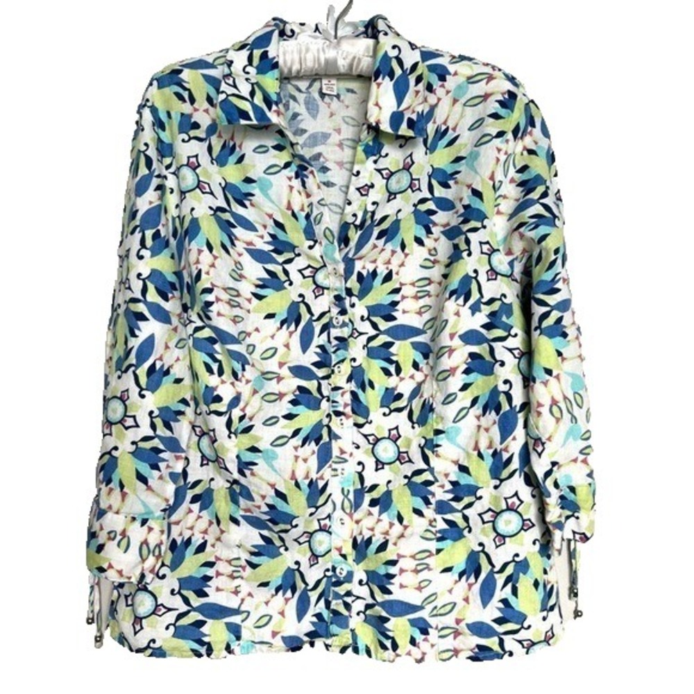 JM Collection Linen Button Up Womens Plus 14 Resortwear Colorful Casual Summer